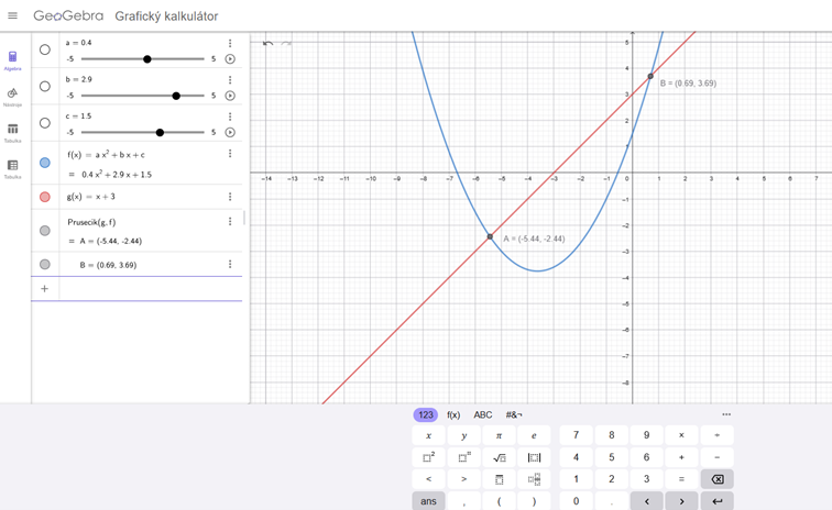 Náhľad na pracovné prostredie v Grafickom kalkulátore s využitím dynamických prvkov